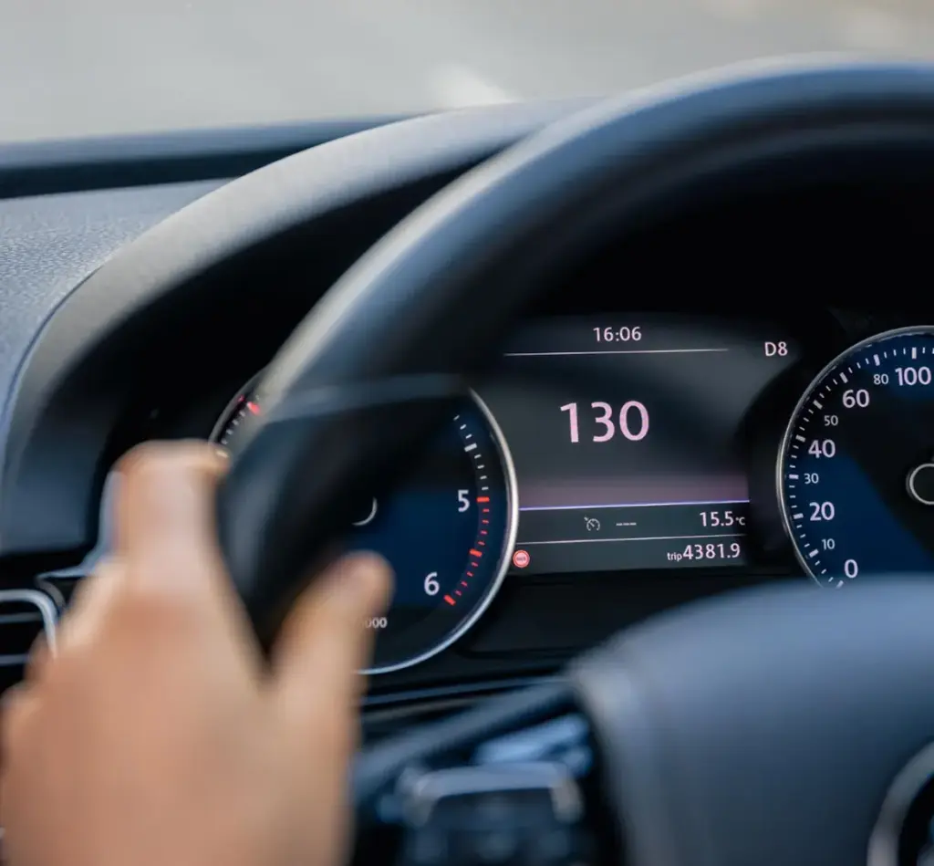 Een close-up van de hand van een bestuurder aan het stuur, met een digitaal dashboard op de achtergrond dat een snelheid van 130 kilometer per uur aangeeft